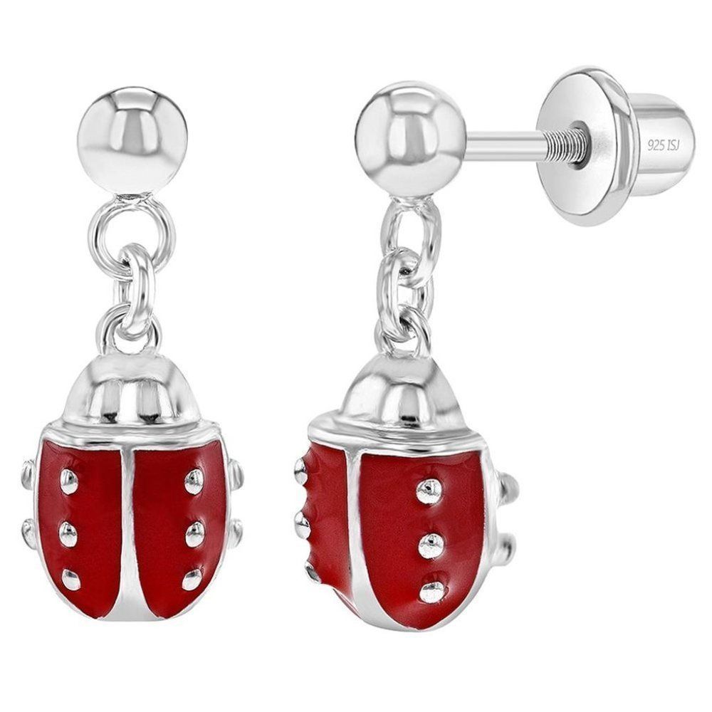 925 Sterling Silver Girl's Red  Ladybug Dangle Screw Back Earrings, Dangling